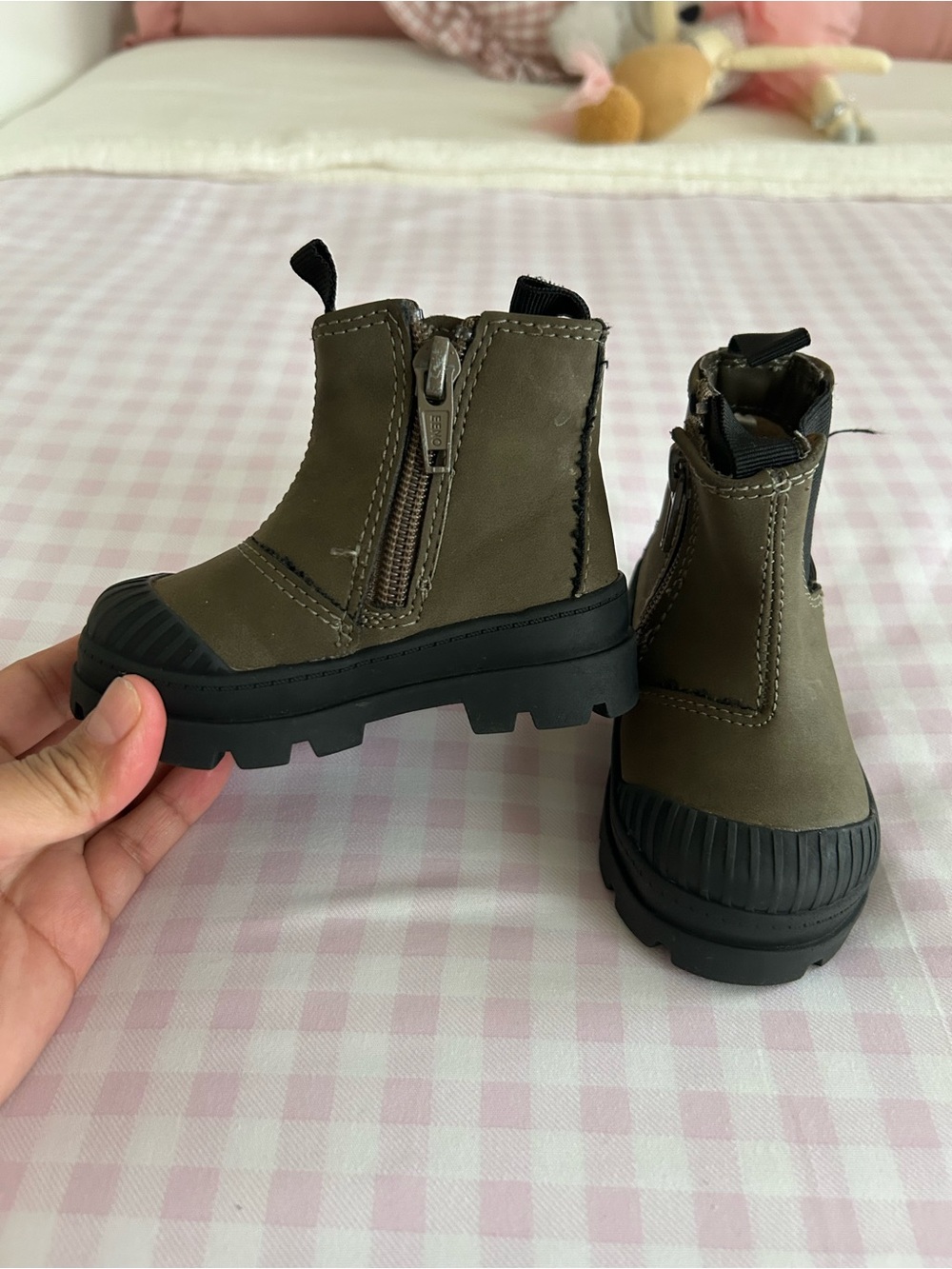 H&M Olive Green Kids Zip Ankle Boots with Black Soles